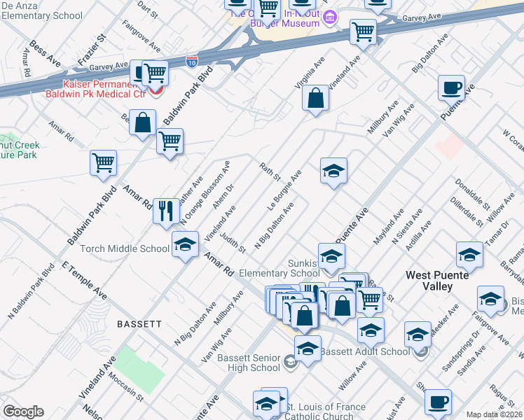 map of restaurants, bars, coffee shops, grocery stores, and more near 1003 Le Borgne Avenue in West Puente Valley