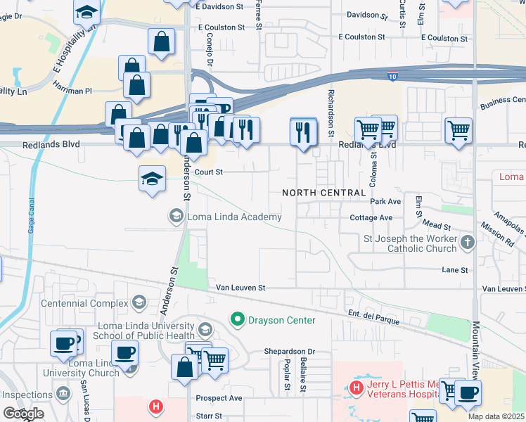 map of restaurants, bars, coffee shops, grocery stores, and more near 10699 Seamont Drive in Loma Linda