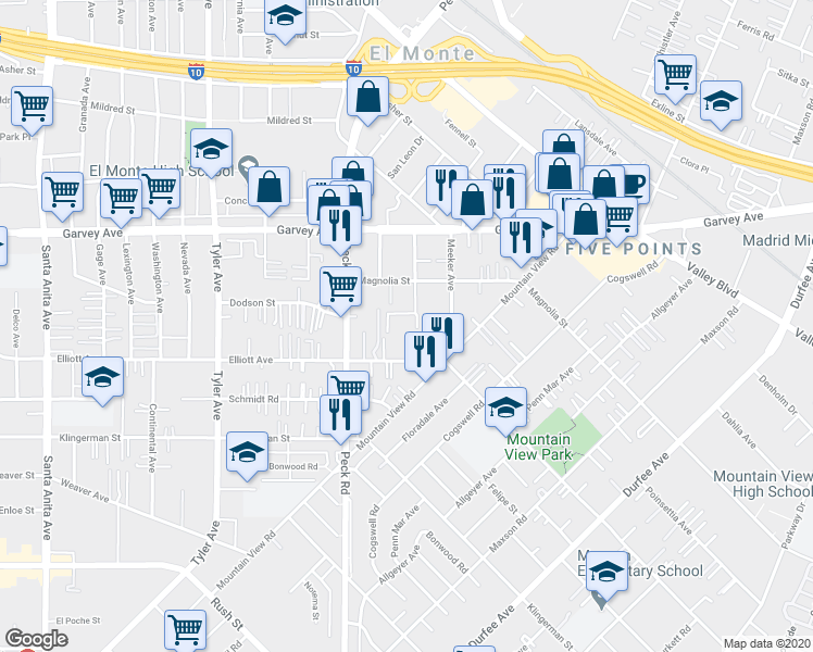 map of restaurants, bars, coffee shops, grocery stores, and more near 11433 Elliott Avenue in El Monte