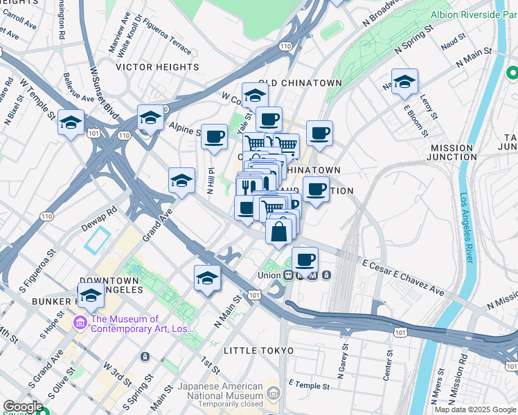 map of restaurants, bars, coffee shops, grocery stores, and more near 649 North Spring Street in Los Angeles