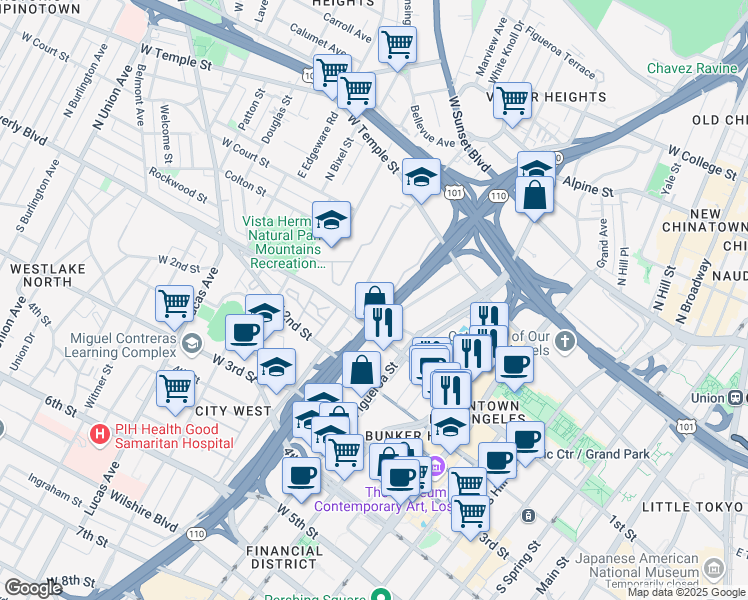 map of restaurants, bars, coffee shops, grocery stores, and more near 108 North Fremont Avenue in Los Angeles