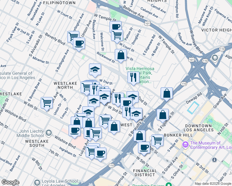 map of restaurants, bars, coffee shops, grocery stores, and more near 285 Emerald Street in Los Angeles