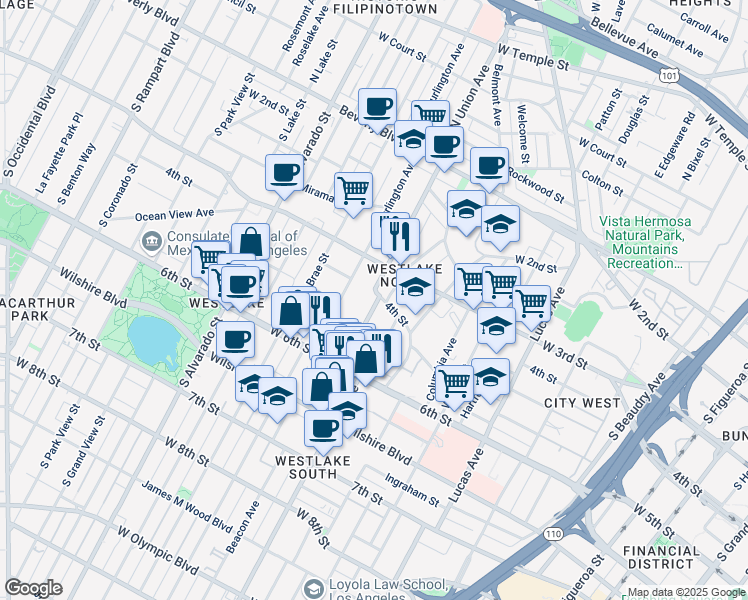 map of restaurants, bars, coffee shops, grocery stores, and more near 431 South Union Avenue in Los Angeles