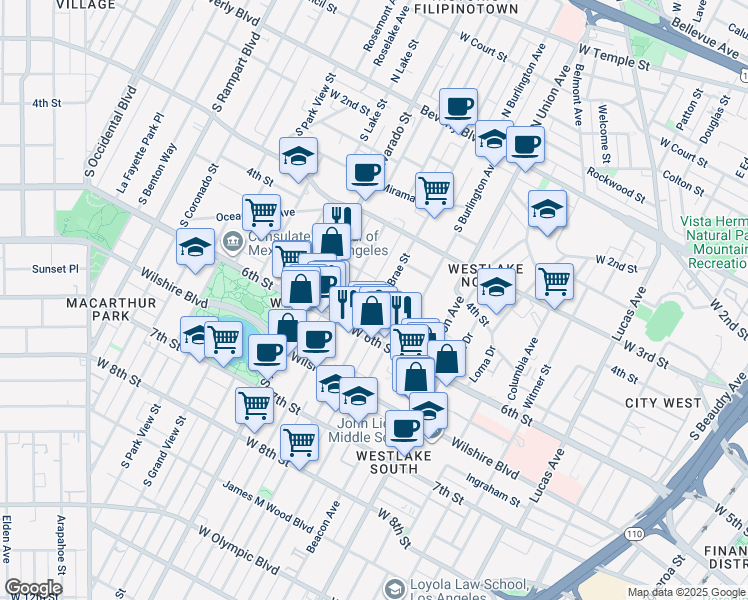 map of restaurants, bars, coffee shops, grocery stores, and more near 512 South Bonnie Brae Street in Los Angeles