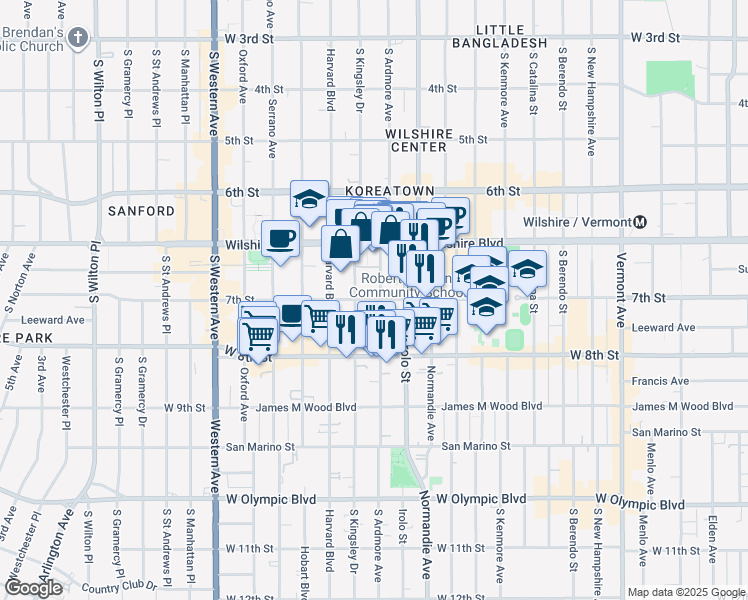 map of restaurants, bars, coffee shops, grocery stores, and more near 729 South Ardmore Avenue in Los Angeles