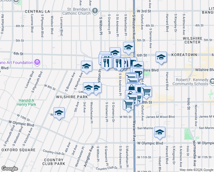 map of restaurants, bars, coffee shops, grocery stores, and more near 717 South Gramercy Drive in Los Angeles