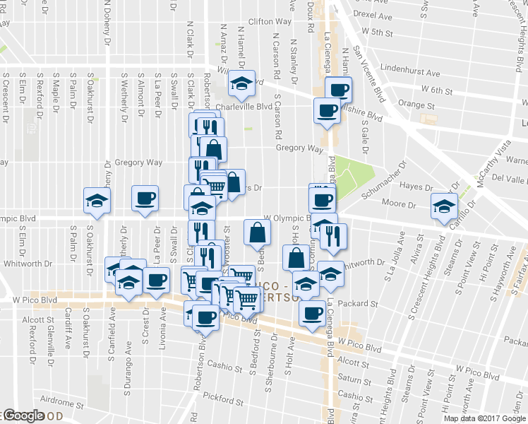 map of restaurants, bars, coffee shops, grocery stores, and more near in Los Angeles