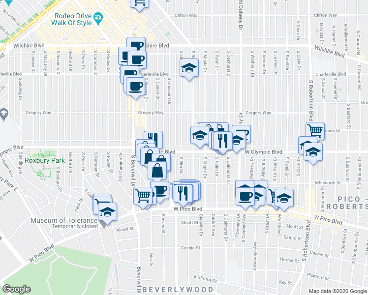 map of restaurants, bars, coffee shops, grocery stores, and more near 9330 West Olympic Boulevard in Beverly Hills