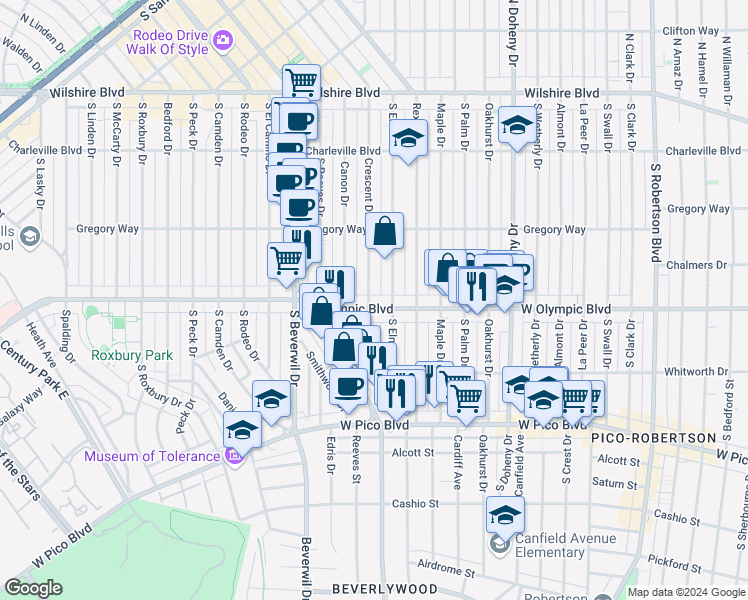 map of restaurants, bars, coffee shops, grocery stores, and more near 9330 West Olympic Boulevard in Beverly Hills