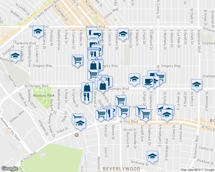 map of restaurants, bars, coffee shops, grocery stores, and more near 410 South Beverly Drive in Beverly Hills