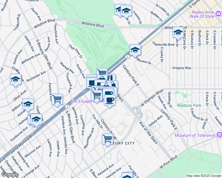 map of restaurants, bars, coffee shops, grocery stores, and more near 1999 Avenue of the Stars in Los Angeles