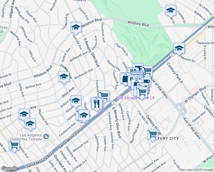 map of restaurants, bars, coffee shops, grocery stores, and more near 1616 South Beverly Glen Boulevard in Los Angeles