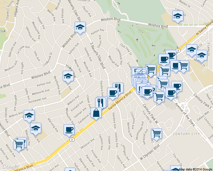 map of restaurants, bars, coffee shops, grocery stores, and more near 1616 South Beverly Glen Boulevard in Los Angeles