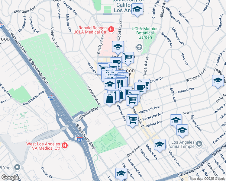 map of restaurants, bars, coffee shops, grocery stores, and more near 10951 Wilshire Boulevard in Los Angeles