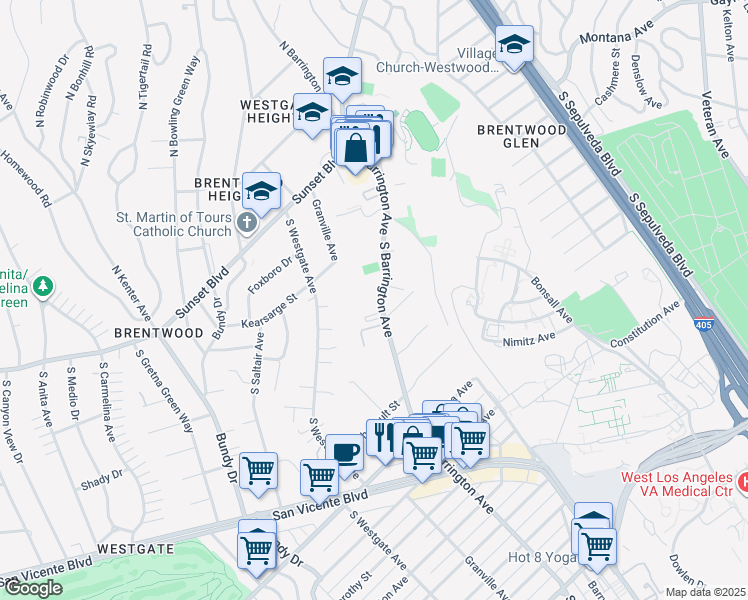 map of restaurants, bars, coffee shops, grocery stores, and more near 555 South Barrington Avenue in Los Angeles