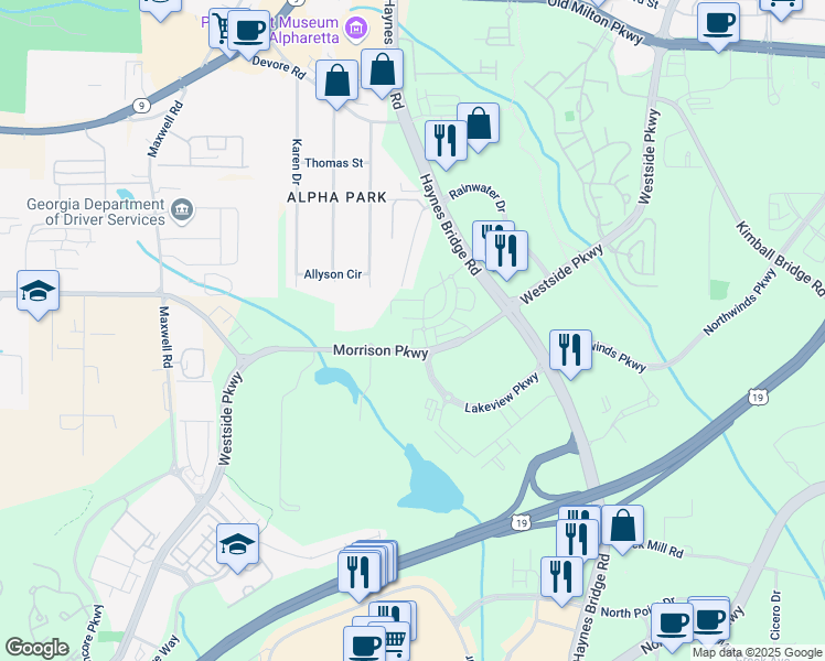 map of restaurants, bars, coffee shops, grocery stores, and more near in Alpharetta