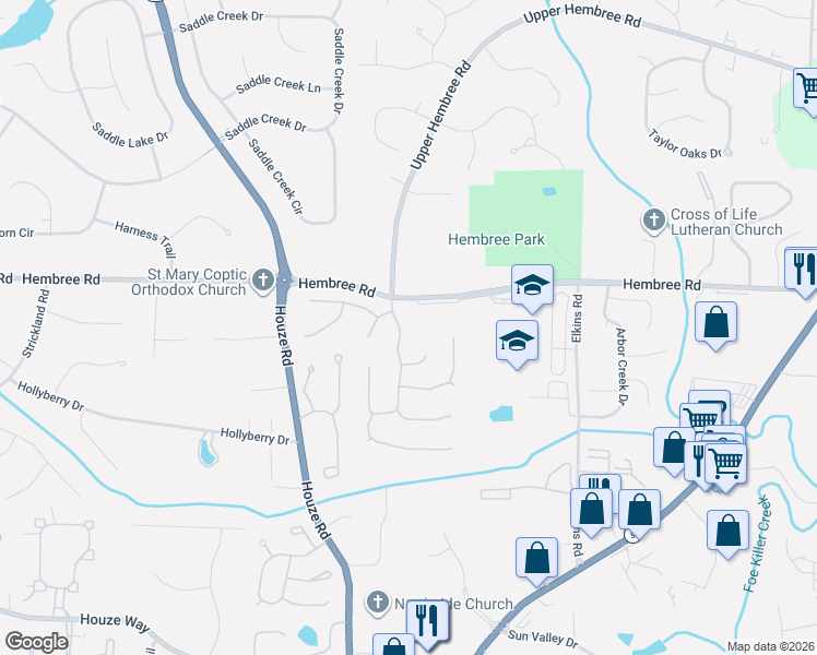 map of restaurants, bars, coffee shops, grocery stores, and more near 1050 Hembree Grove Drive in Roswell