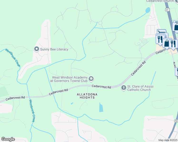 map of restaurants, bars, coffee shops, grocery stores, and more near 185 Vandiver Court in Acworth