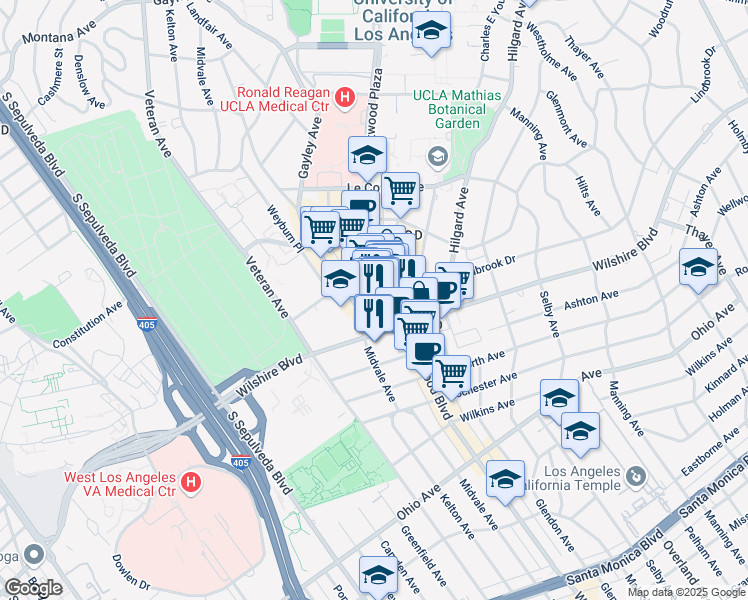 map of restaurants, bars, coffee shops, grocery stores, and more near 10911 Lindbrook Drive in Los Angeles