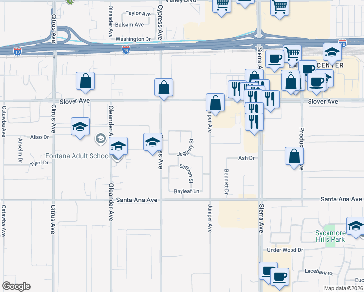 map of restaurants, bars, coffee shops, grocery stores, and more near 10723 Jaggery Street in Fontana