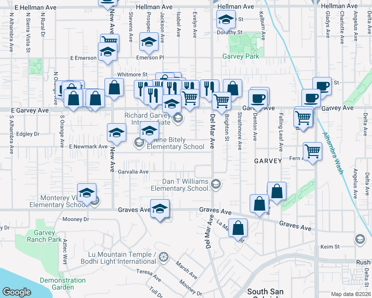 map of restaurants, bars, coffee shops, grocery stores, and more near 7629 Garvalia Avenue in Rosemead