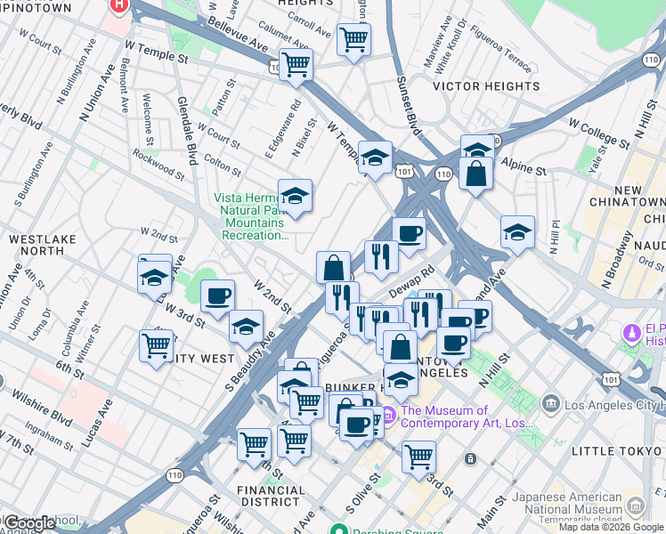map of restaurants, bars, coffee shops, grocery stores, and more near 108 North Fremont Avenue in Los Angeles
