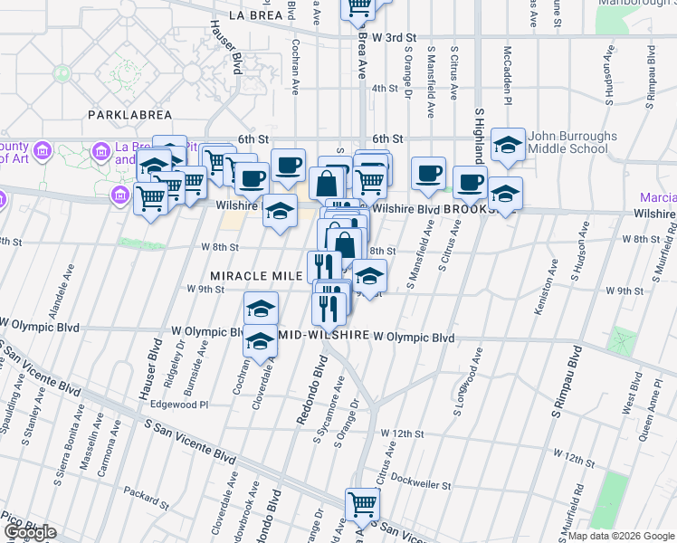 map of restaurants, bars, coffee shops, grocery stores, and more near 834 South La Brea Avenue in Los Angeles