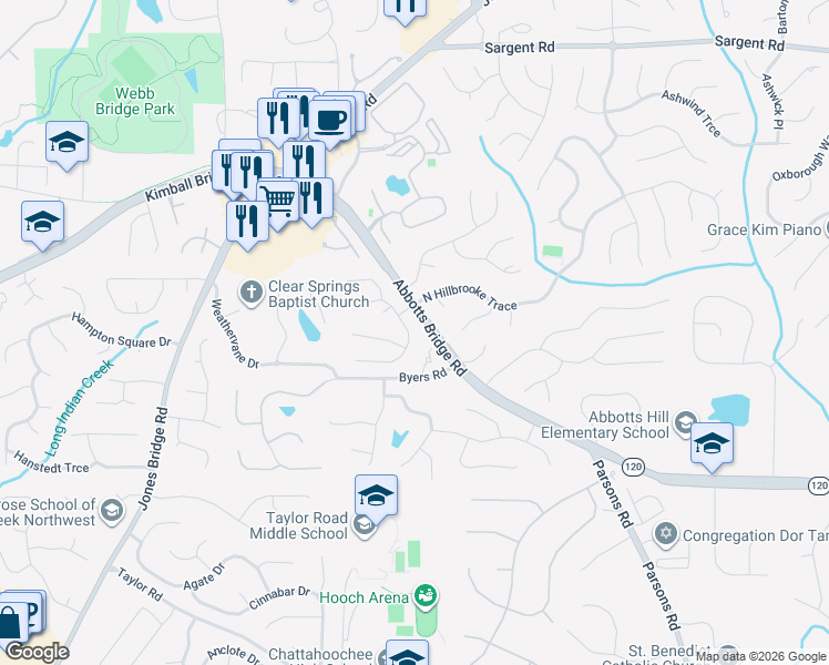 map of restaurants, bars, coffee shops, grocery stores, and more near 5261 Byers Landing Way in Alpharetta