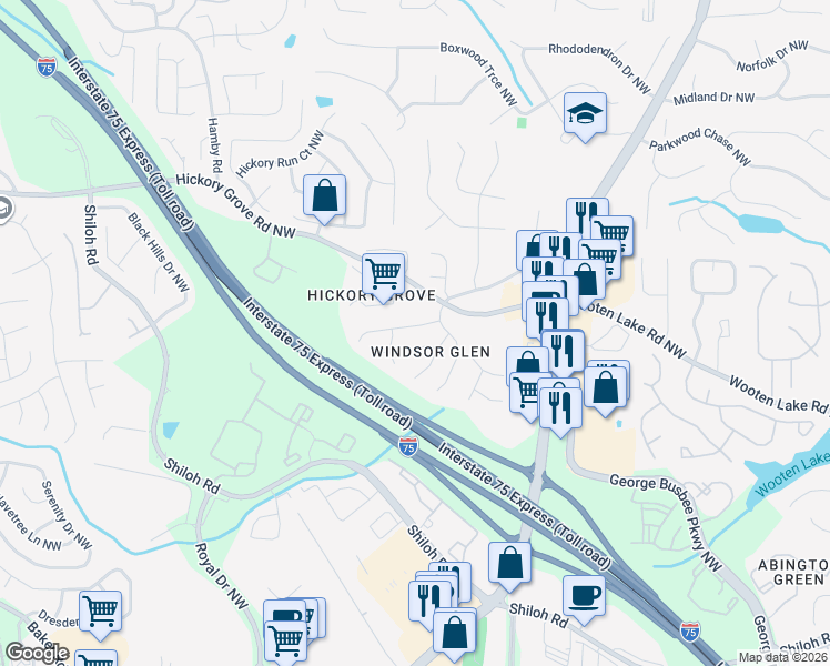 map of restaurants, bars, coffee shops, grocery stores, and more near 1609 Hathaway Place Northwest in Kennesaw