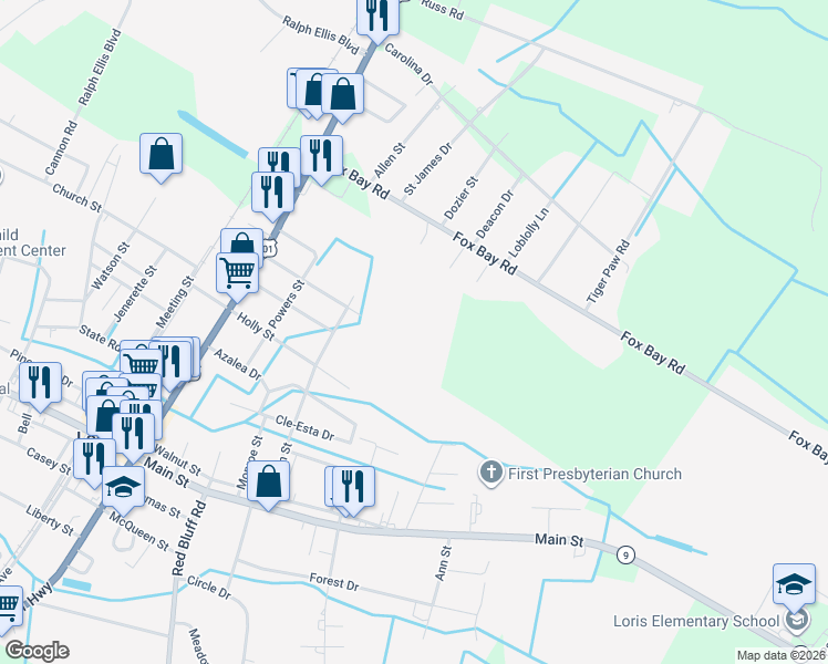 map of restaurants, bars, coffee shops, grocery stores, and more near in Loris