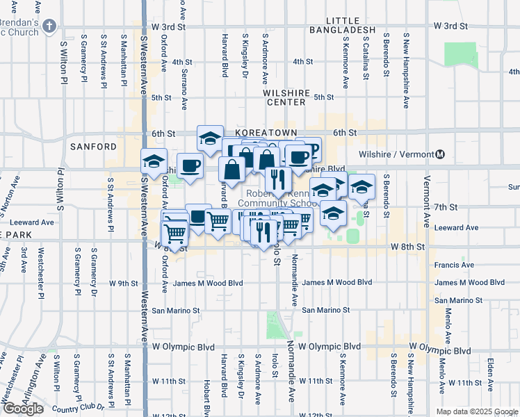 map of restaurants, bars, coffee shops, grocery stores, and more near W 7th St & S Ardmore Ave in Los Angeles