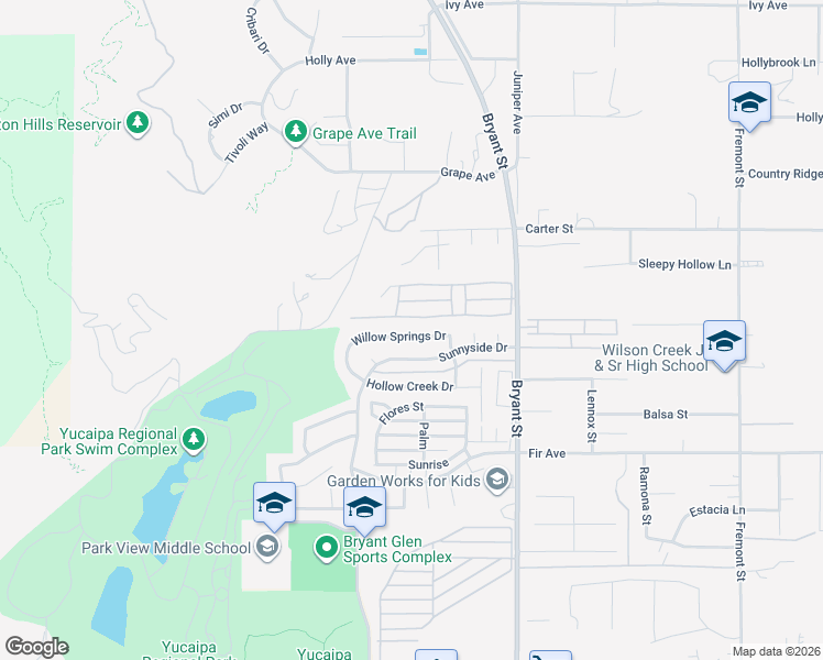 map of restaurants, bars, coffee shops, grocery stores, and more near 35110 Willow Springs Drive in Yucaipa