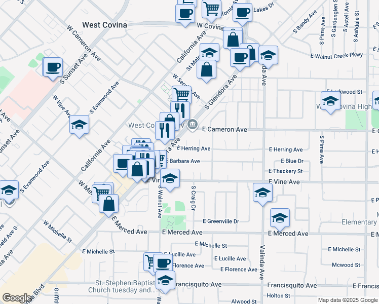 map of restaurants, bars, coffee shops, grocery stores, and more near 706 East Herring Avenue in West Covina