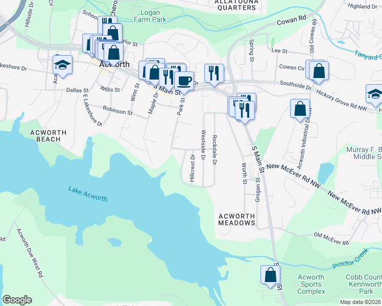 map of restaurants, bars, coffee shops, grocery stores, and more near 4319 Hillcrest Drive in Acworth