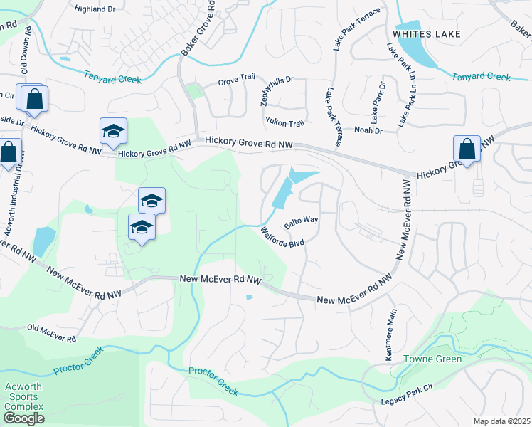 map of restaurants, bars, coffee shops, grocery stores, and more near 4461 Kentland Drive in Acworth
