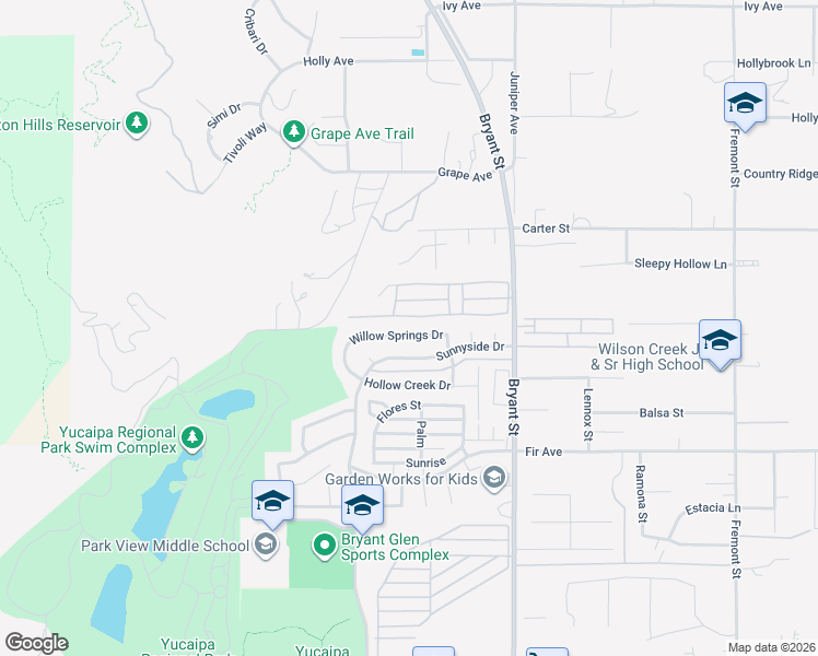 map of restaurants, bars, coffee shops, grocery stores, and more near 35110 Willow Springs Drive in Yucaipa