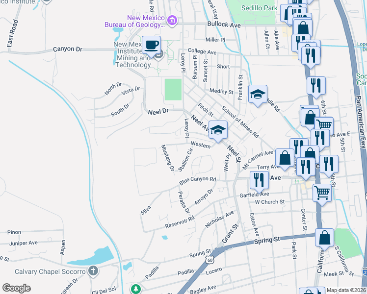 map of restaurants, bars, coffee shops, grocery stores, and more near 113 Stallion Circle in Socorro