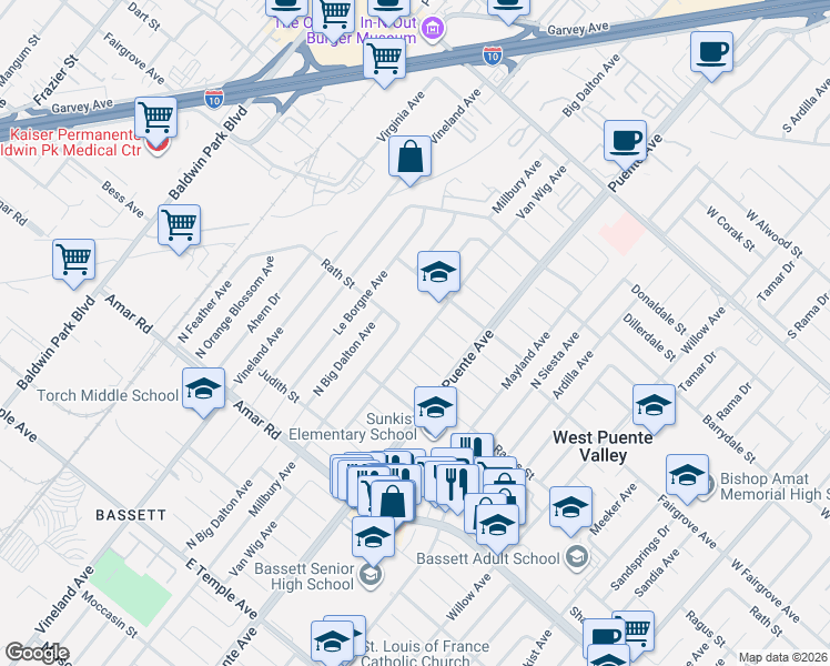 map of restaurants, bars, coffee shops, grocery stores, and more near 1033 Van Wig Avenue in La Puente