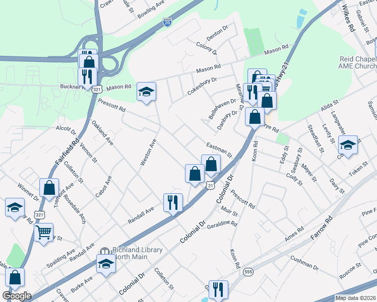 map of restaurants, bars, coffee shops, grocery stores, and more near 1016R Fiske Street in Columbia