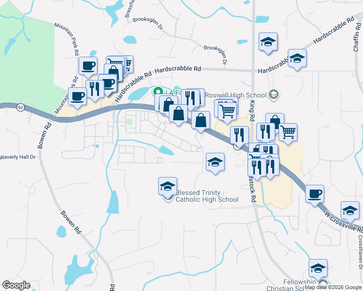 map of restaurants, bars, coffee shops, grocery stores, and more near 2190 Westwind Drive in Roswell
