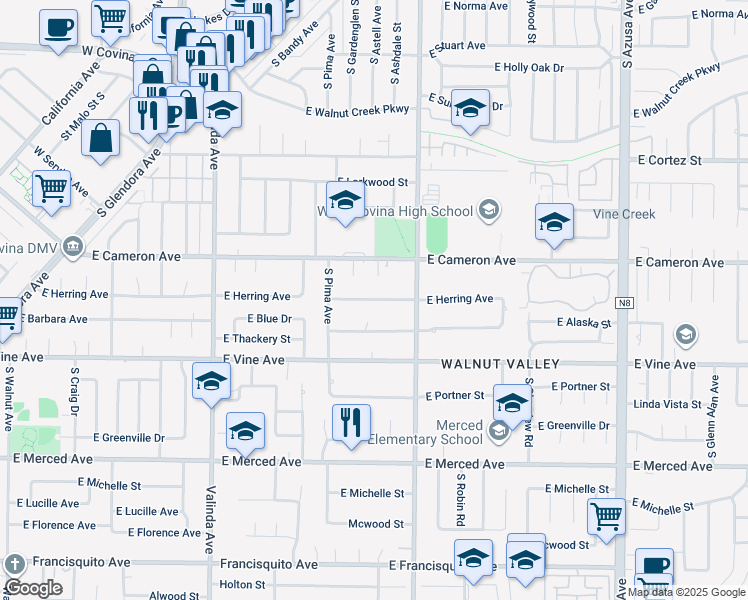 map of restaurants, bars, coffee shops, grocery stores, and more near 1038 East Herring Avenue in West Covina