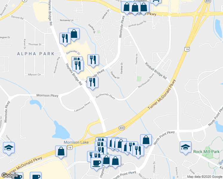 map of restaurants, bars, coffee shops, grocery stores, and more near 2520 Northwinds Parkway in Alpharetta