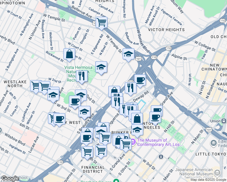 map of restaurants, bars, coffee shops, grocery stores, and more near 138 North Beaudry Avenue in Los Angeles