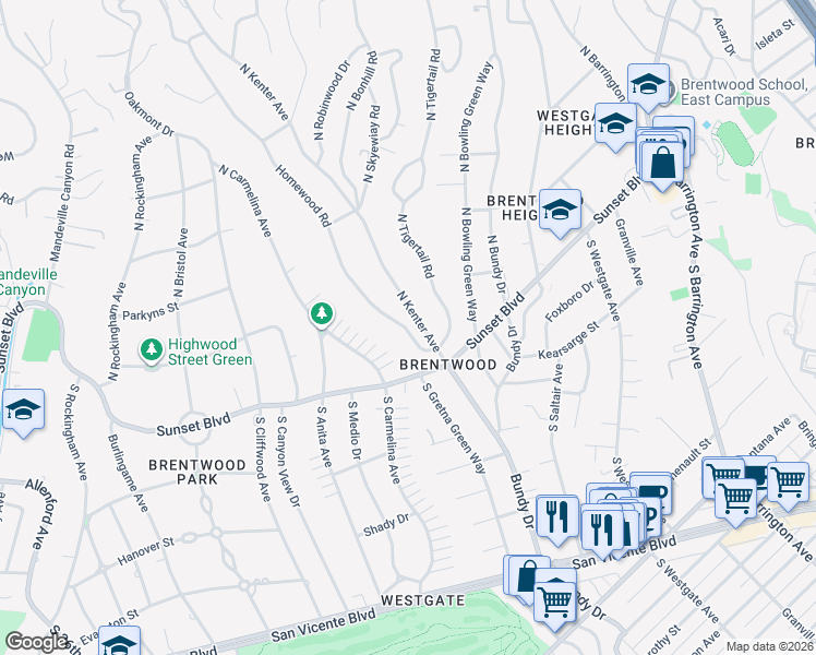 map of restaurants, bars, coffee shops, grocery stores, and more near 140 Homewood Road in Los Angeles