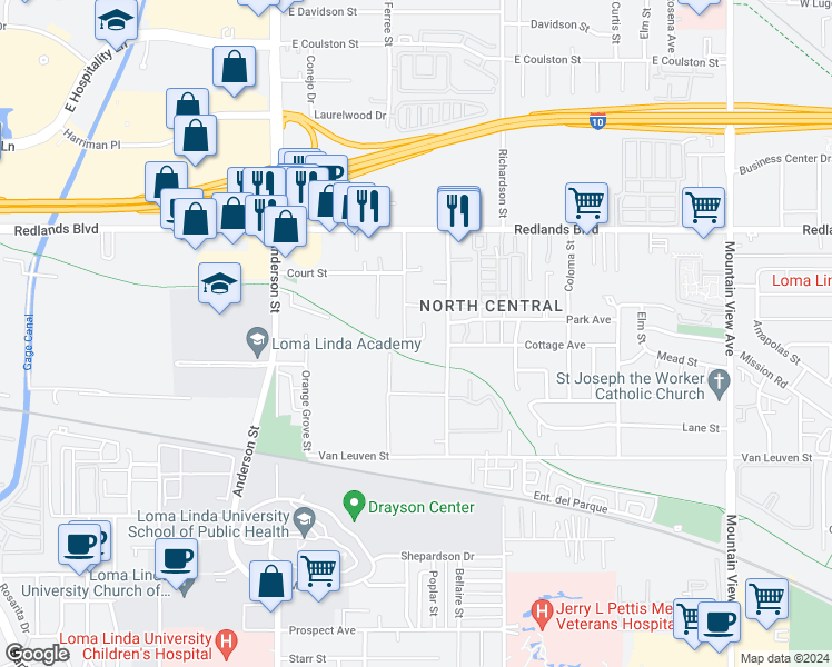 map of restaurants, bars, coffee shops, grocery stores, and more near 10679 Seamont Drive in Loma Linda
