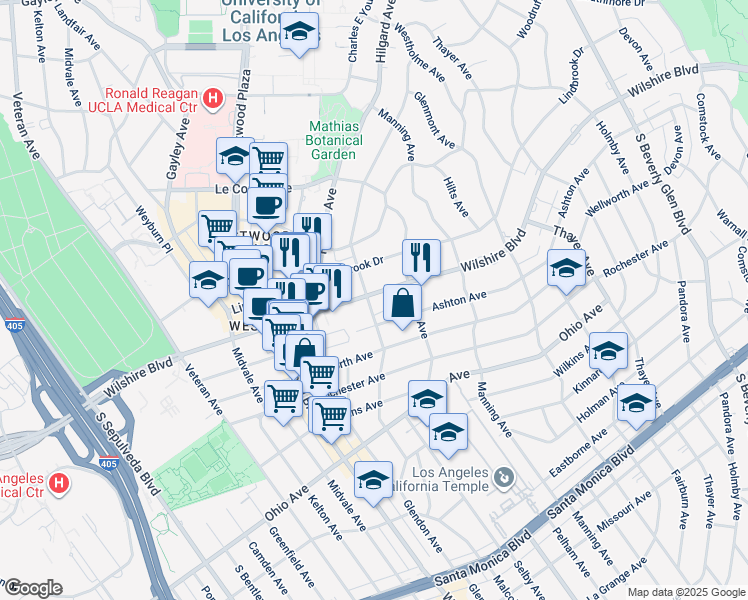 map of restaurants, bars, coffee shops, grocery stores, and more near 10811 Ashton Avenue in Los Angeles