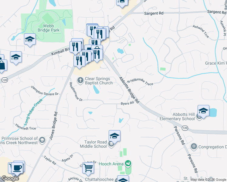 map of restaurants, bars, coffee shops, grocery stores, and more near 11420 Boxford Place in Alpharetta