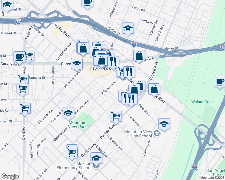 map of restaurants, bars, coffee shops, grocery stores, and more near 2938 Allgeyer Avenue in El Monte