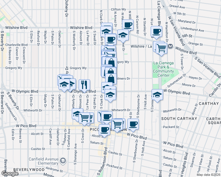 map of restaurants, bars, coffee shops, grocery stores, and more near in Los Angeles