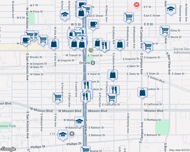 map of restaurants, bars, coffee shops, grocery stores, and more near 210 East State Street in Ontario